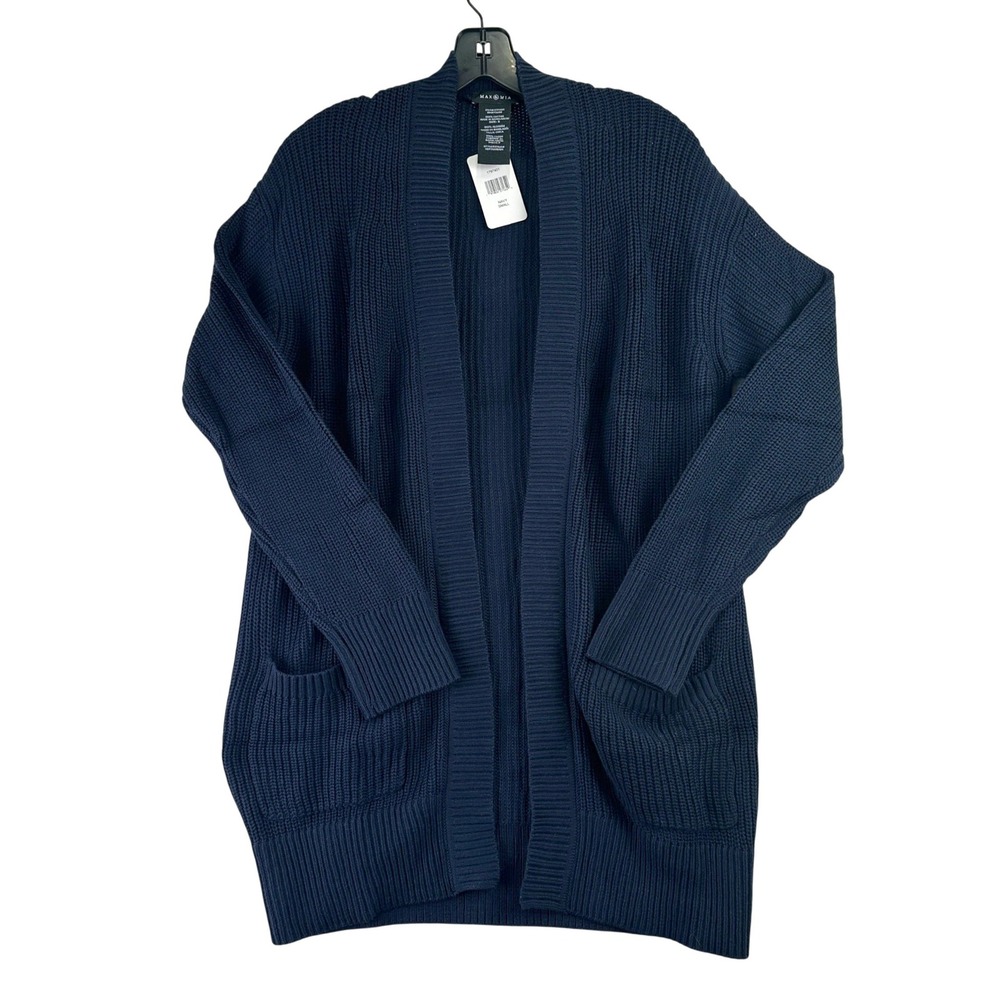 Max & Mia Cardigan Women Small‎ Navy Ribbed Cotton Open Front Pocket Minimalist